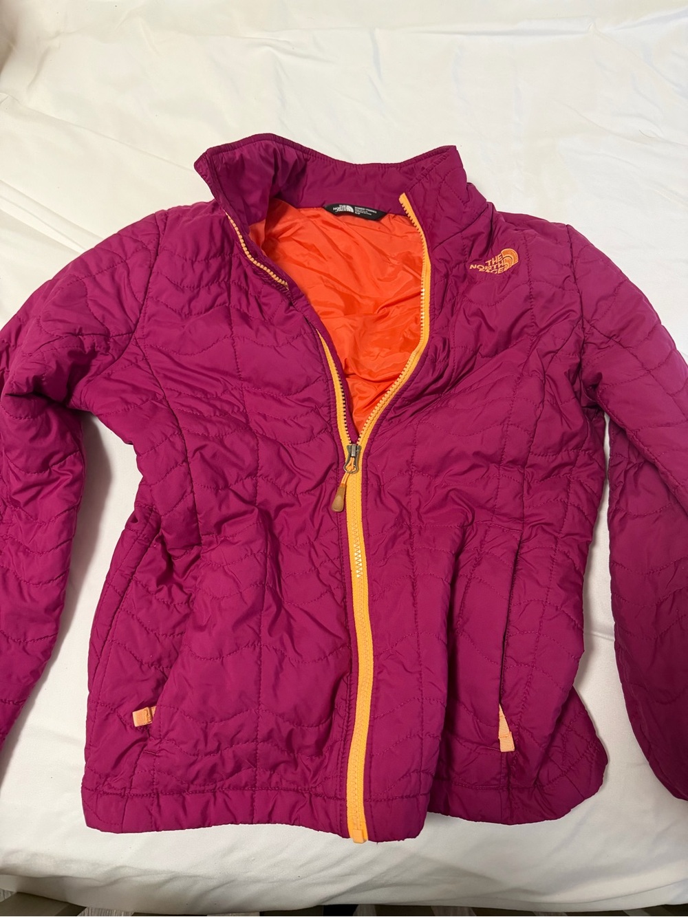 The North Face Magenta Puffer Jacket with Orange Trim